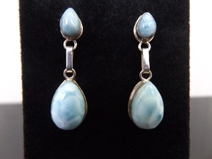 .925 Sterling Silver Larimar Cabochon Dangle Post Earrings