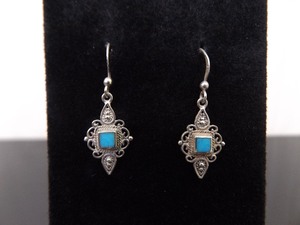.925 Sterling Silver Inlayed Turquoise Styled Dangle Hook Earrings