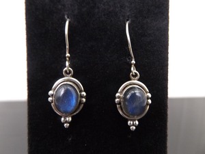 .925 Sterling Silver Labradorite Cabochon Dangle Hook Earrings