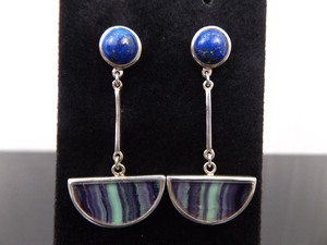.925 Sterling Silver Encased Agate Lapis Cabochon Dangle Post Earrings