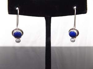 .925 Sterling Silver Genuine Pearl and Lapis Hook Earrings
