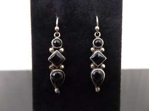 .925 Sterling Silver Black Onyx Cabochons Dangle Hook Earrings