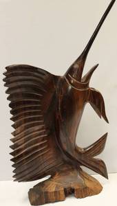 lot 50 image: Hunting Marlin Fish Hand Crafted Mahogany Wood Sculpture