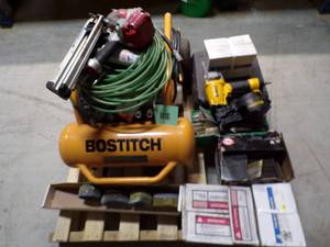 lot 2 image: Bostitch Air Compressor Lot with Hose and Power Tools and Supplies