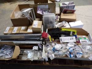 lot 36 image: Boxes of Concealed Cabinet Hinges, Cabinet Hardware, Drawer Slides and Various Cabinet Hardware.