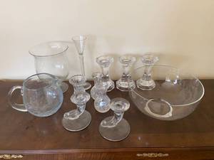 lot 32 image: Vintage Glass Bud Vases, Candle Holders, Pitcher, and More