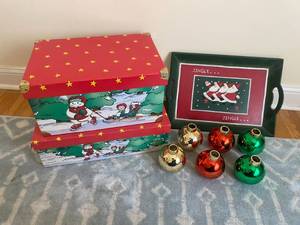 lot 100 image: Christmas Raggedy Ann and Andy Boxes, Tray, Candlestick Burners
