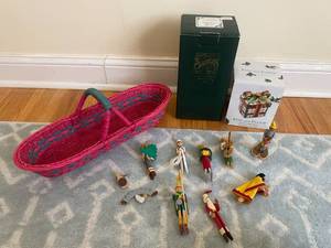 lot 101 image: Vintage Clothespin Ornaments, Christmas Figurines, and Basket
