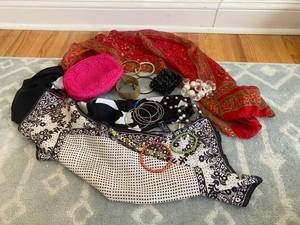 lot 103 image: Silk Scarfs, Jewelry, and Makeup Bag
