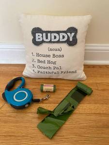 lot 111 image: Dog Throw Pillow, Lighted Leash, Doggie Bags