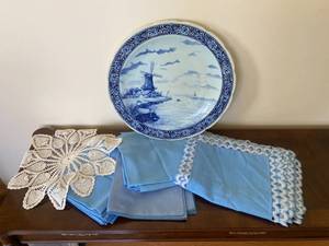 lot 117 image: Royal Sphinx Blue Holland Plate, Blue Linens