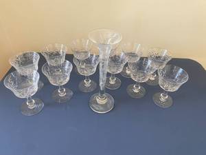 lot 124 image: Cut Glass Vase, Etched Wine Glass Set