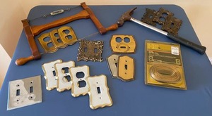 lot 125 image: Vintage Saw, Light Switch Cover, Hammer and More