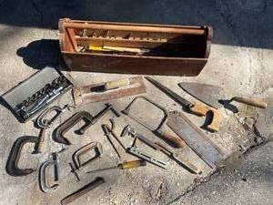 lot 157 image: Vintage Wood Tool Organizer with Contents
