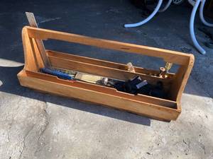 lot 158 image: Vintage Handled Tool Organizer with Straps, Crowbar, & More