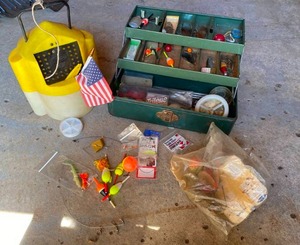 lot 197 image: Tackle Box with Contents, Live Bait Bucket, and More