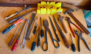 lot 203 image: Vintage Assorted Screwdrivers, Hammer, Filer, and More