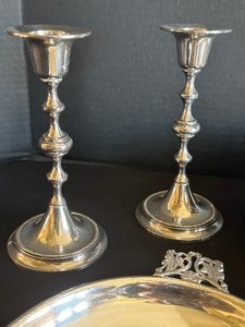 Vintage Silver Plated Pierced Rim Footed Bowl, Pair of Silver Plate Candle Holders and More