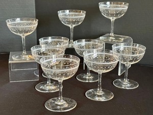 Set of Nine Elegant Vintage Etched Crystal Champagne Stems