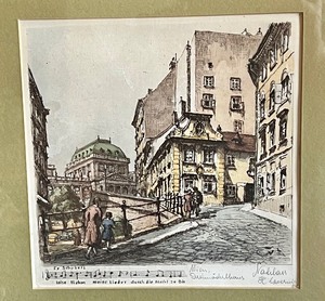 Vintage Framed Colored European Etching depicts Franz Schuberts home in Vienna, Austria