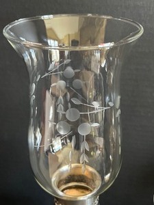 Three Vintage Etched Glass Candle Holders including Pair of Vintage Gorham Etched Glass Shade Candle Holders
