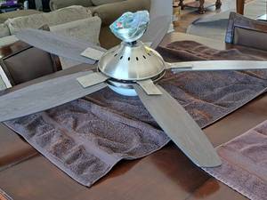 lot 512 image: Hunter 54 Suspended Indoor Brushed Nickel Ceiling Fan with Light and Remote 59174