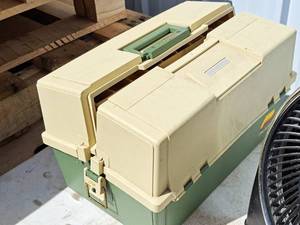 lot 579 image: Plano 16 Tackle Box with Fishing Tackle - Mapps Walleye Lures, Misc. Lures, Hooks, Reels, Fish Line
