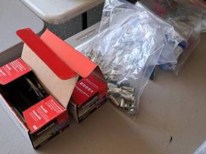 lot 605 image: Hardware - FastenMaster HeadLOK Structural Wood Screws 6, LedgerLOK Structural Wood Screws 3-58, metal wall achors, coarse thread screws, Crown Bolt #6x12 Self Driving Screws, Everbilt #8x12 Pan Head Screws