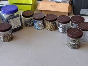 lot 606 image: Lot of (9 Jars) Hardware - lag screws, drywall screws, wire caps, coarse thread screws
