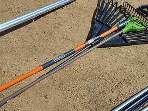 lot 617 image: Lot of (3) Lawn Rakes - Large Plastic Leaf Rake, Small Plastic Leaf Rake, Bow Rake