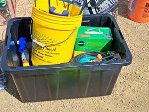 lot 639 image: Lot of  Gardening Supplies - Miracle Gro Fertilizer, Hose End Sprayer, Plastic Watering Tubing with Sprinkler Heads,  Rubber Gloves, Plastic Bucket, Misc. Yard Supplies