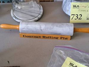 lot 733 image: Wood Handled Marble Gourmet Rolling Pin with Wood Rolling Pin Stand