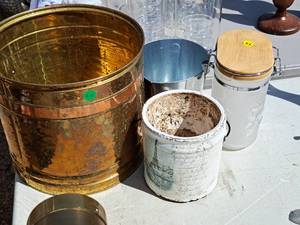 lot 679 image: Lot of (4) Container Dcor - Large Pail, Small Pail, Eiffel Tower Pail, Wood Flip-top Glass Ice Bucket