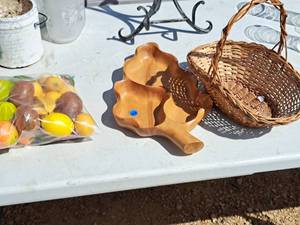 lot 681 image: Lot of (3) Home Dcor - Wooden Serving Tray, Wicker Basket, Bag of Assorted Faux Fruit - Lemons, Limes, Kiwis and more