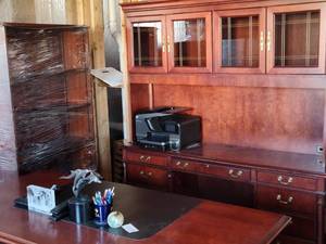lot 513 image: OFS Wooden Office Desk Set - Executive Office Desk, Office Desk Cabinet with Glass Door Storage and a 5-shelf Bookcase