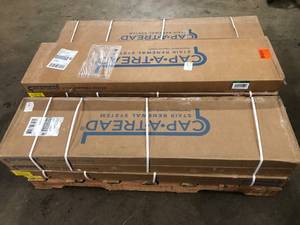 lot 3 image: Pallet of Ocala OakChiffon Lace OakSalt Shore Wood 47 in. L x 12-18 in. W x 1-1116 in. T Vinyl Overlay to Cover Stairs 1 in. T by Cap A Tread (13 Boxes)  Customer Returns See Pictures