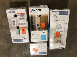 lot 55 image: Lot of Mixed Shower Head Faucets by Moen Customer Returns See Pictures