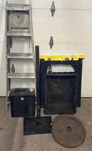 lot 9 image: Group Of Misc. Including Ladder, Heavy Metal Sign Bases, Saw Horses, Tamper And More