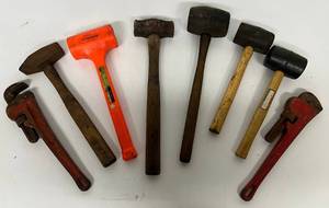 lot 52 image: Group Of Misc. Hammers 1 Solid Copper And Pipe Wrenches