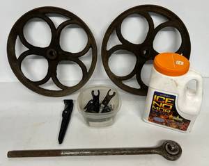 lot 53 image: Group Including Vintage Ornate Metal Flat Cart Wheels And More