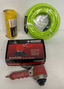 lot 55 image: Group Including Air compressor Hoses And Husky Dual Action Sander (Used) In Original Box
