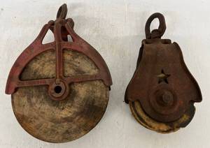 lot 119 image: Vintage Wooden And Metal Pulleys