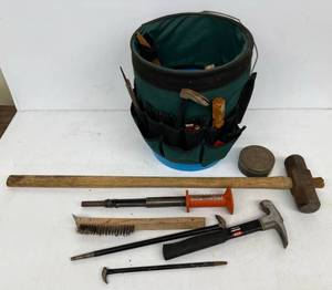 lot 155 image: Tool Bucket With Misc. Tools And SledgeHammer