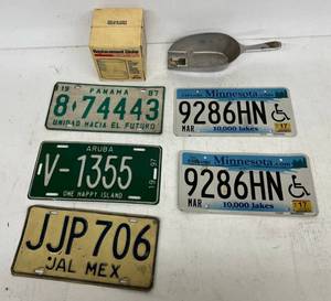 lot 184 image: Vintage License Plates, Aluminum Scoop And Lantern Replacement Globe NIB And More