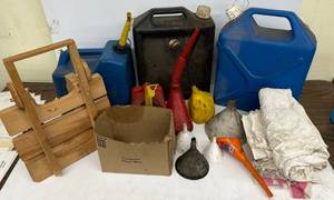 lot 193 image: Group Of Misc. Garage Items Including Gas Cans, Funnels, Oil Drain Pan And More