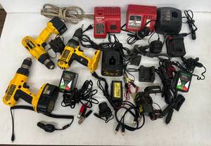 lot 243 image: Group Including DeWalt Cordless Drills, Milwaukee Chargers And More