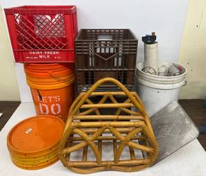 lot 265 image: Large Group Of Misc. Garage Items Including 5 Gallon Buckets, Milk Crates And More