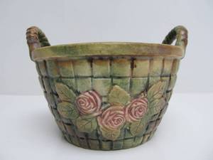 lot 10 image: Antique Signed WELLER Red Rose Art Pottery Basket