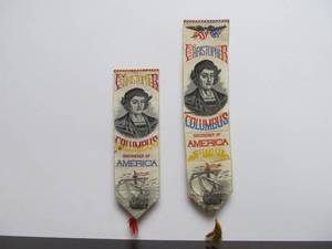 lot 26 image: 2 Original 1890s Christopher Columbus Discovers America Silk BookmarksRibbons