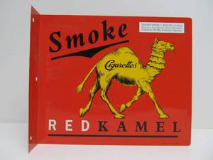 lot 56 image: Double Sided RED KAMEL Cigarettes Metal Advertising Flange Sign